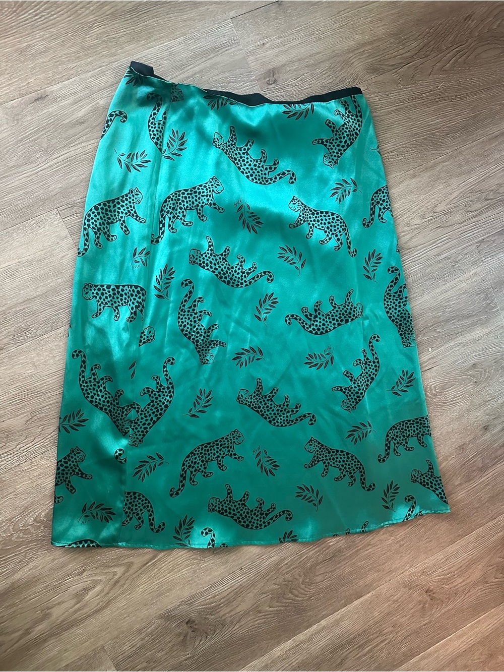 Emerald Green Leopard-Print Satin Midi Skirt